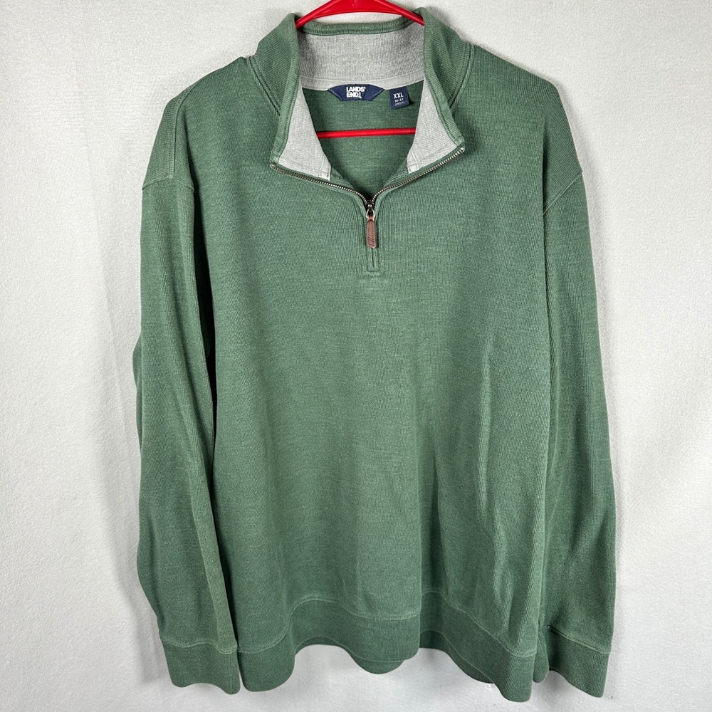 Lands End 1/4 zip Pullover Men XXL Green Quarter Zip Cotton Blend EUC Preppy VTG